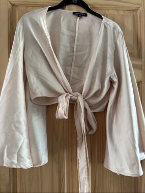 Bershka Blush Satin Tie-Front Cropped Robe Top